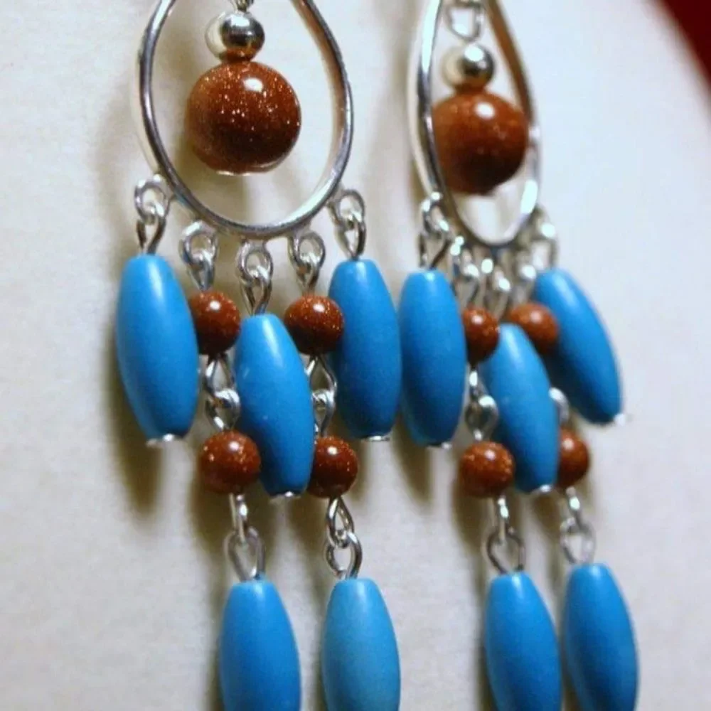 Handmade Silver Sky Blue Chalk Turquoise & Goldstone Chandelier Dangle Earrings